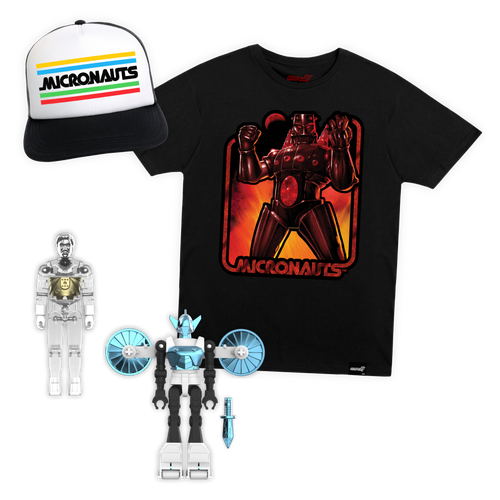 Micronauts ReAction+ Wave 06 Bundle - Time Traveler (Clear), Acroyear, Hat & T-Shirt, Micronauts ReAction+ action figure, Super7 product photograph