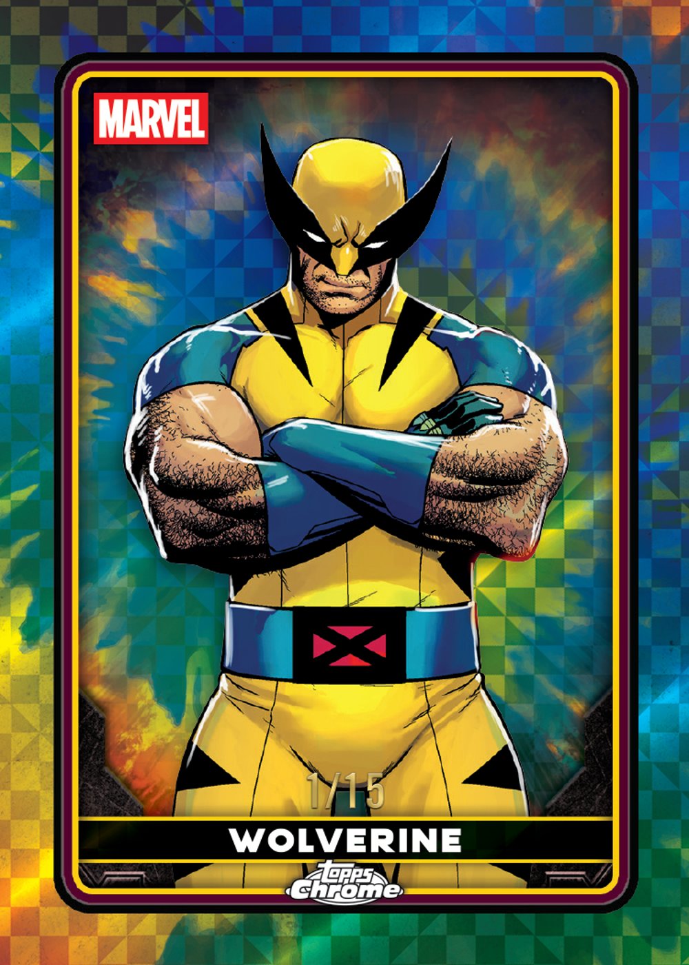 X-fractor Marvel trading card, 25 DPWC 1205 FR Wolverine Yellow and Blue parallel from 2025 Topps Chrome Deadpool by Topps