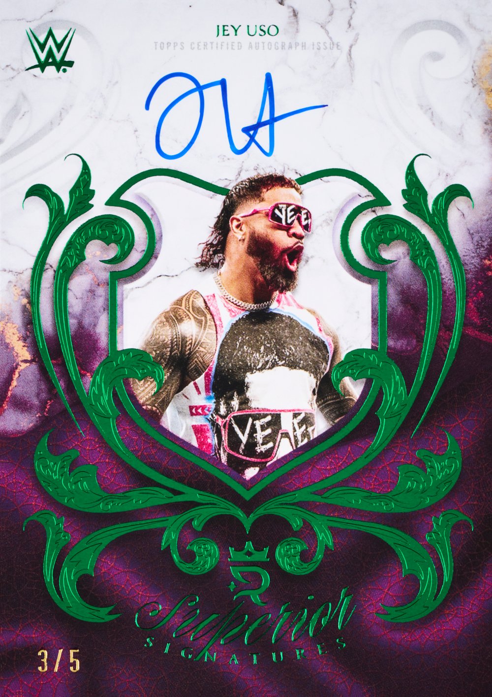 Jey Uso wwe trading card, 2025 Topps Royalty Collection WWE Superior Signatures Green parallel from 2025 Topps Royalty WWE by Topps