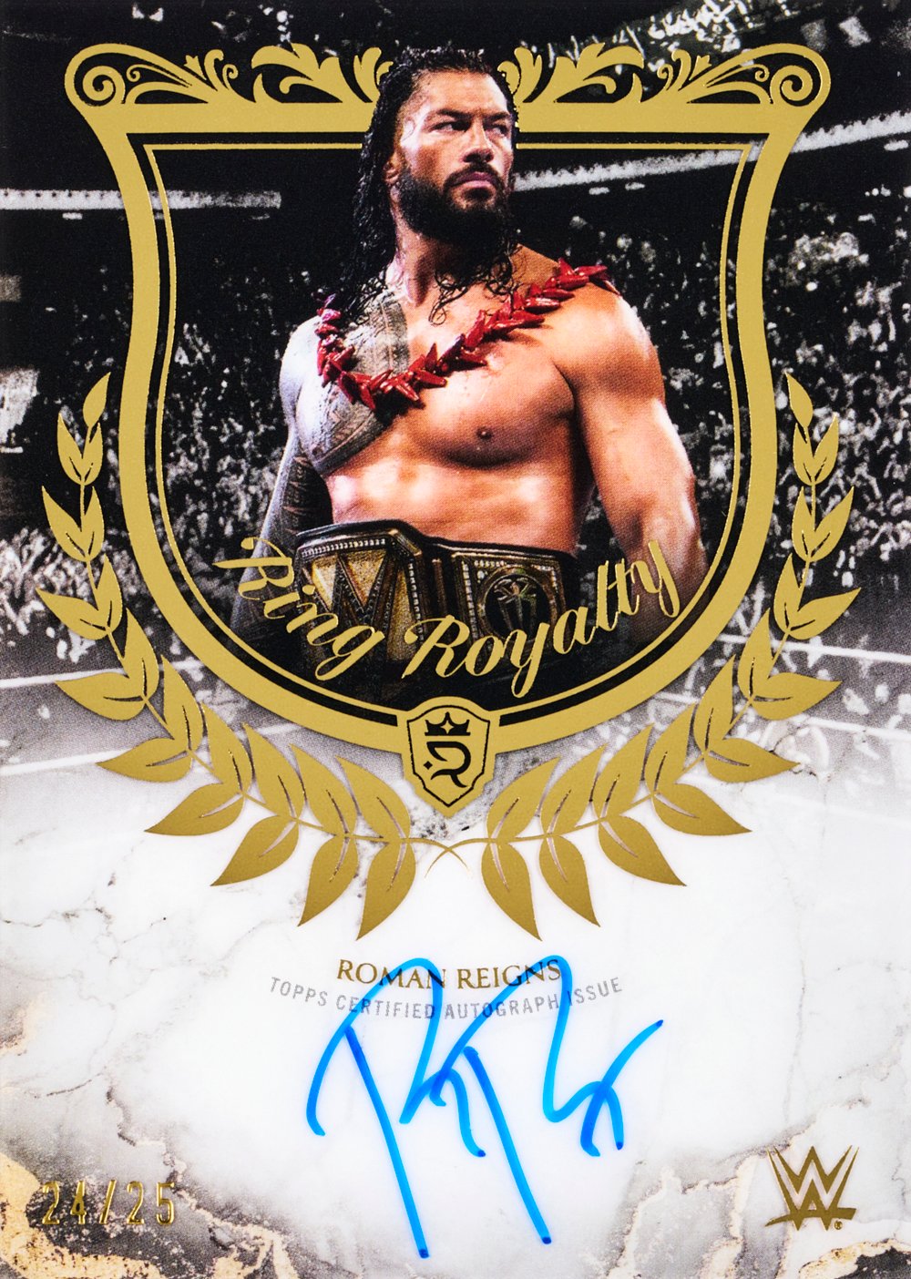 Roman Reigns wwe trading card, 2025 Topps Royalty Collection WWE Ring Royalty Gold parallel from 2025 Topps Royalty WWE by Topps