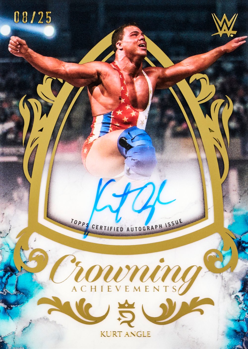 Kurt Angle wwe trading card, Crowning Achievements Gold parallel from 2025 Topps Royalty WWE by Topps