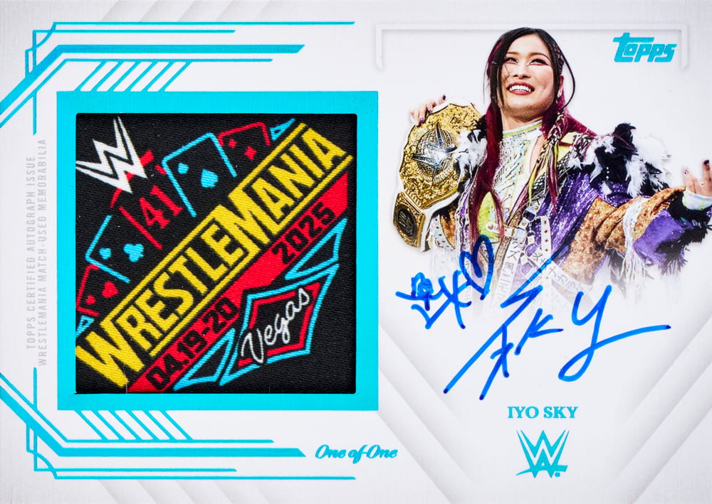 IYOSKY wwe trading card, Wrestlemania Patch Auto Holo Platinum Blue parallel from 2025 Topps Royalty WWE by Topps