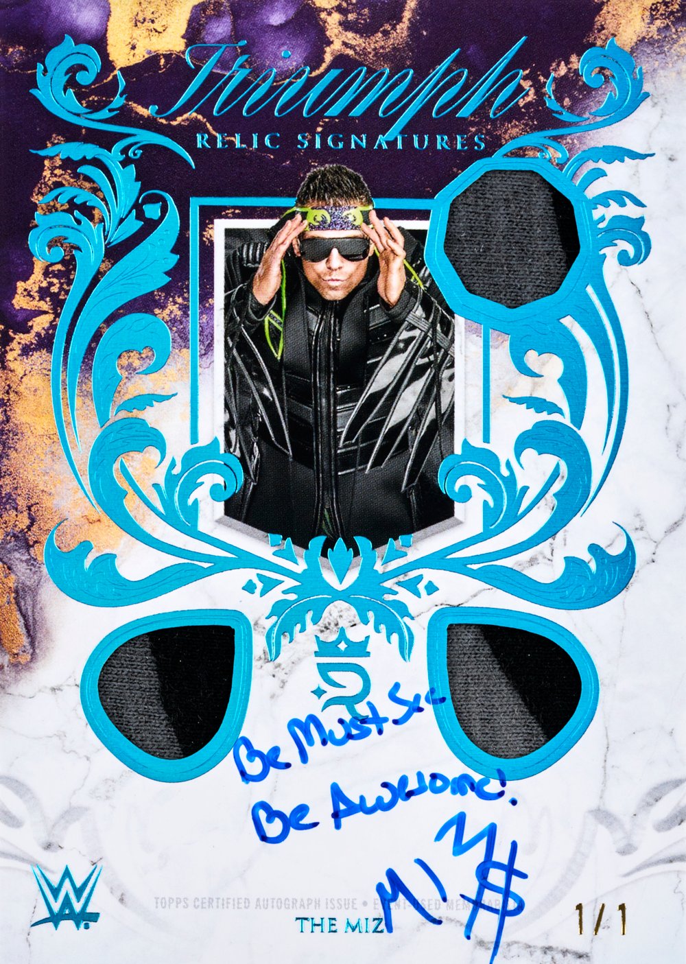 Inscription wwe trading card, 2025 Topps Royalty Collection WWE Triumph Relic Signatures Holo Platinum Blue The Miz FR parallel from 2025 Topps Royalty WWE by Topps