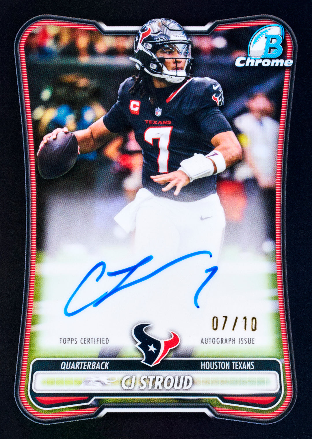 CJ Stroud football trading card, Base Chrome Auto Black Refractor parallel from 2026 Bowman Football by Topps