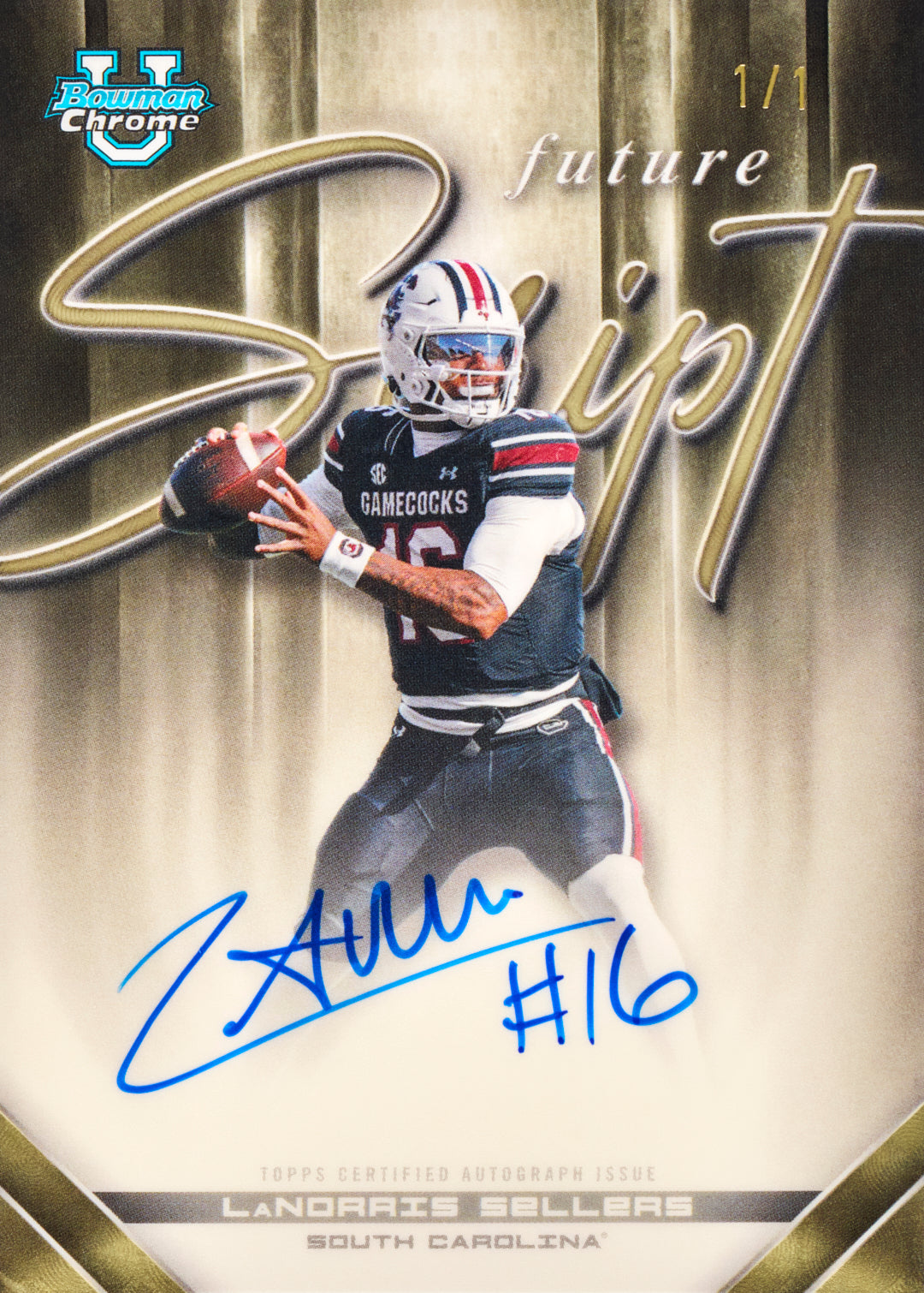 LaNorris Sellers football trading card, Future Script Superfractor parallel from 2026 Bowman Football by Topps