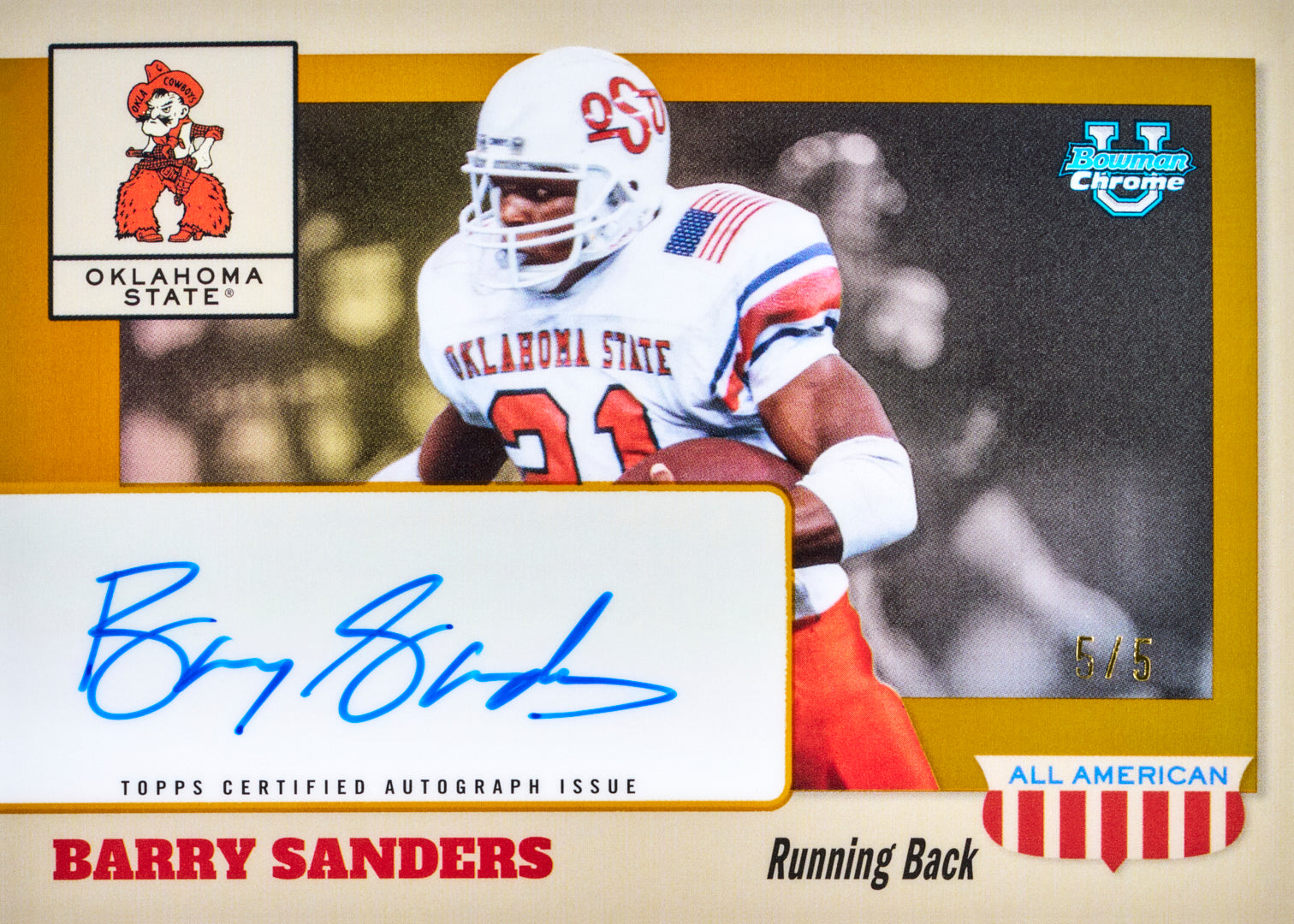 Barry Sanders football trading card, 1955 All American Auto Variation Gold Refractor parallel from 2026 Bowman Football by Topps