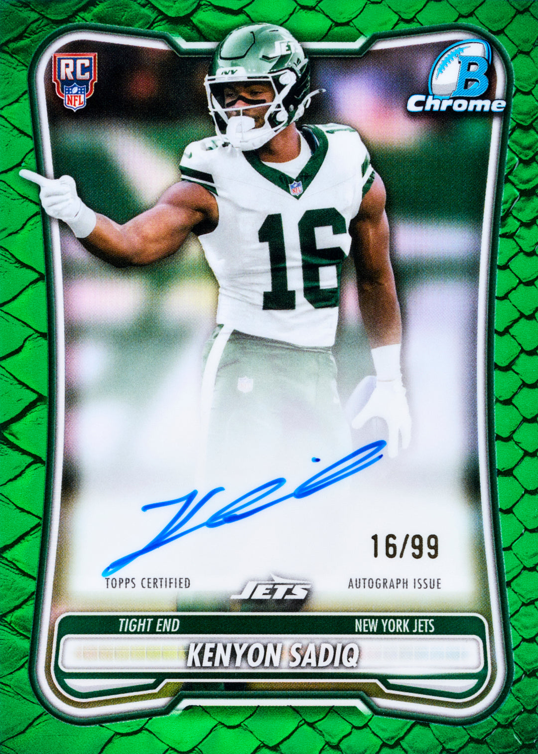 Kenyon Sadiq football trading card, Base Chrome Rookie Auto Reptilian Green Refractor parallel from 2026 Bowman Football by Topps