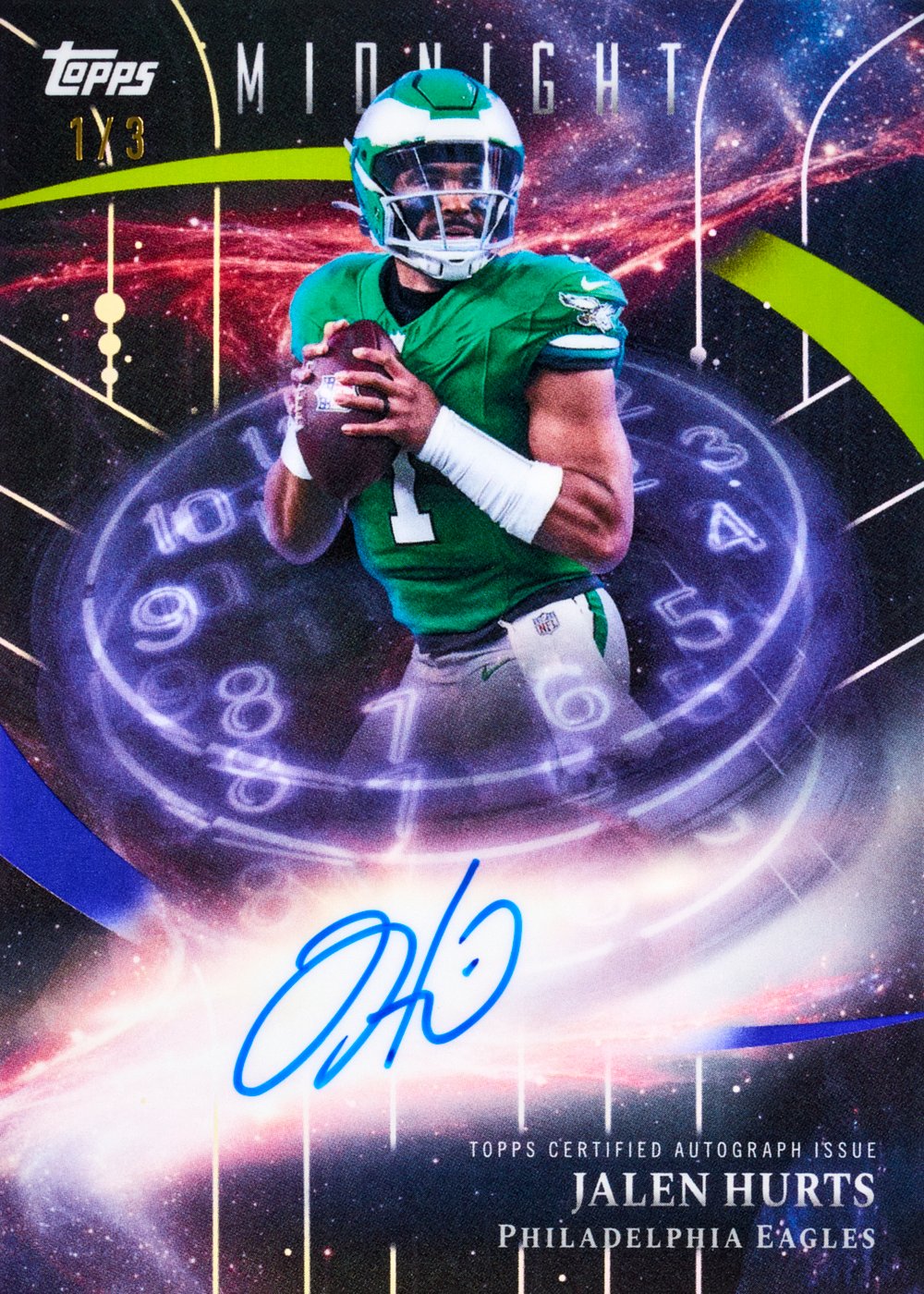 Jalen Hurts football trading card, Stroke Of Midnight Auto Witching Hour parallel from 2026 Topps Midnight Football by Topps