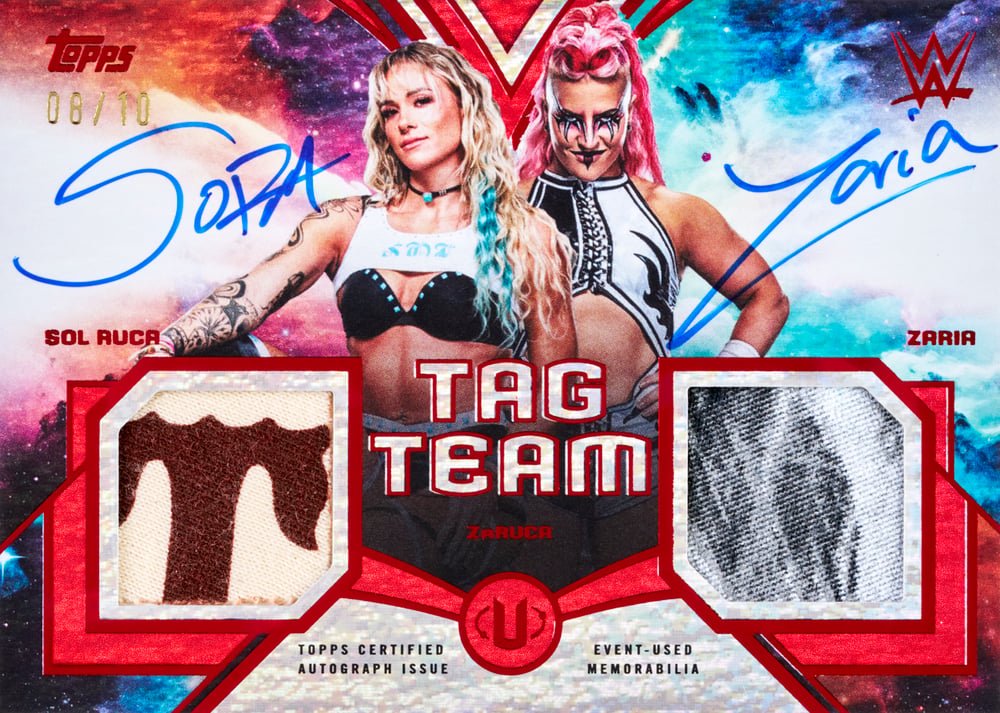 Zaria wwe trading card, Tag Team Relic Auto Red Magma Sol Ruca parallel from 2026 Topps Universe WWE by Topps