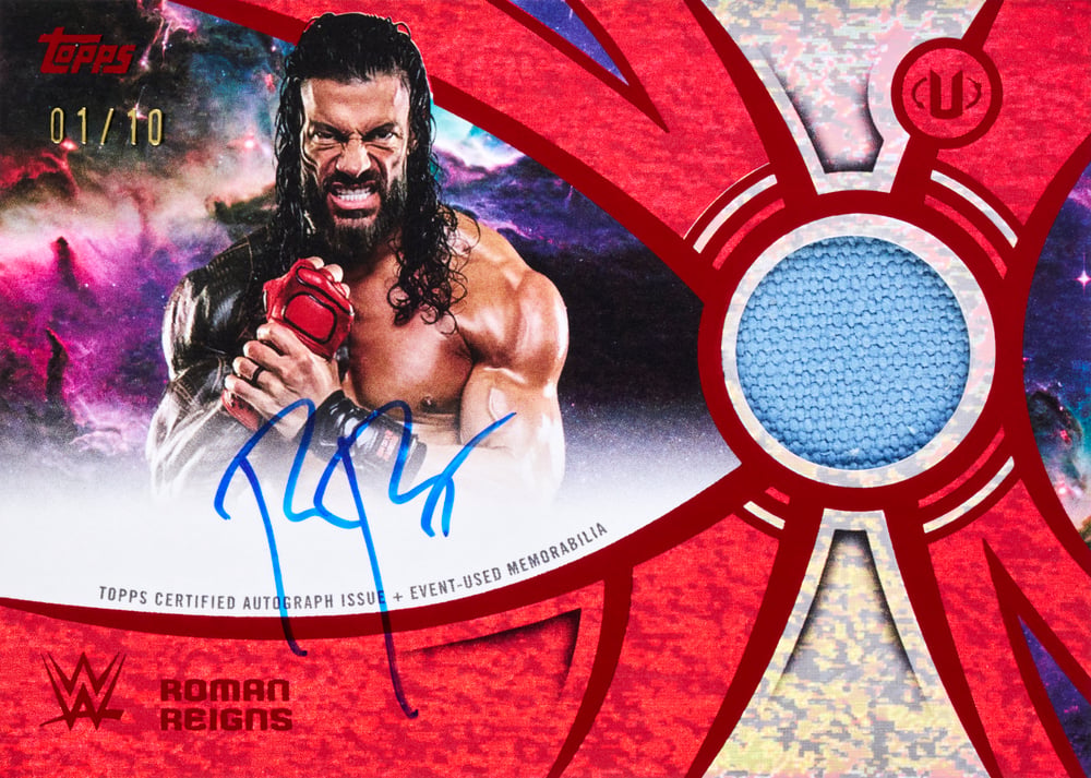 Roman Reigns wwe trading card, Superstar Relic Signatures Red Magma parallel from 2026 Topps Universe WWE by Topps