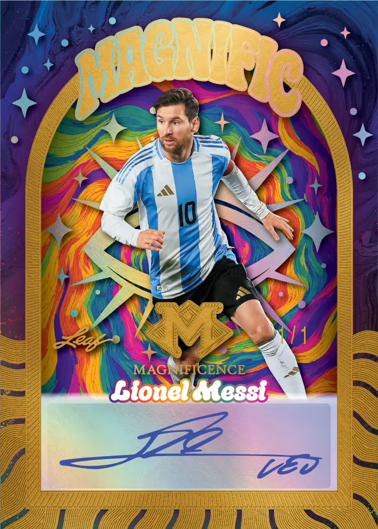 699744c4ff2024da6b3e9d07 Magnific Lionel messi 1 trading card from 2026 Leaf Magnificence Multi-Sport by Leaf