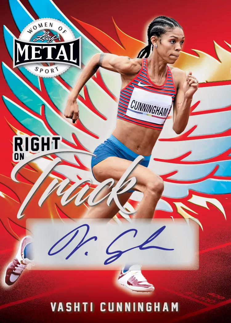 Sales trading card, 10 Right On Track parallel from 2026 Leaf Metal Women of Sport by Leaf