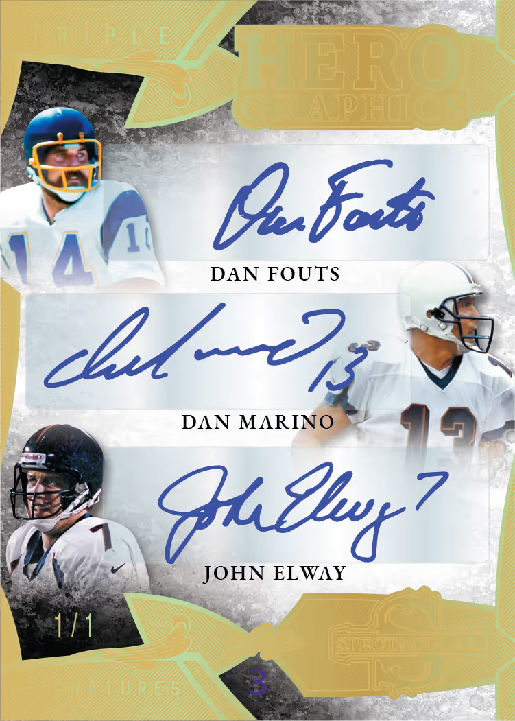 Triple trading card, 6-Hero Graphics parallel from 2026 Leaf Spectacular Football by Leaf