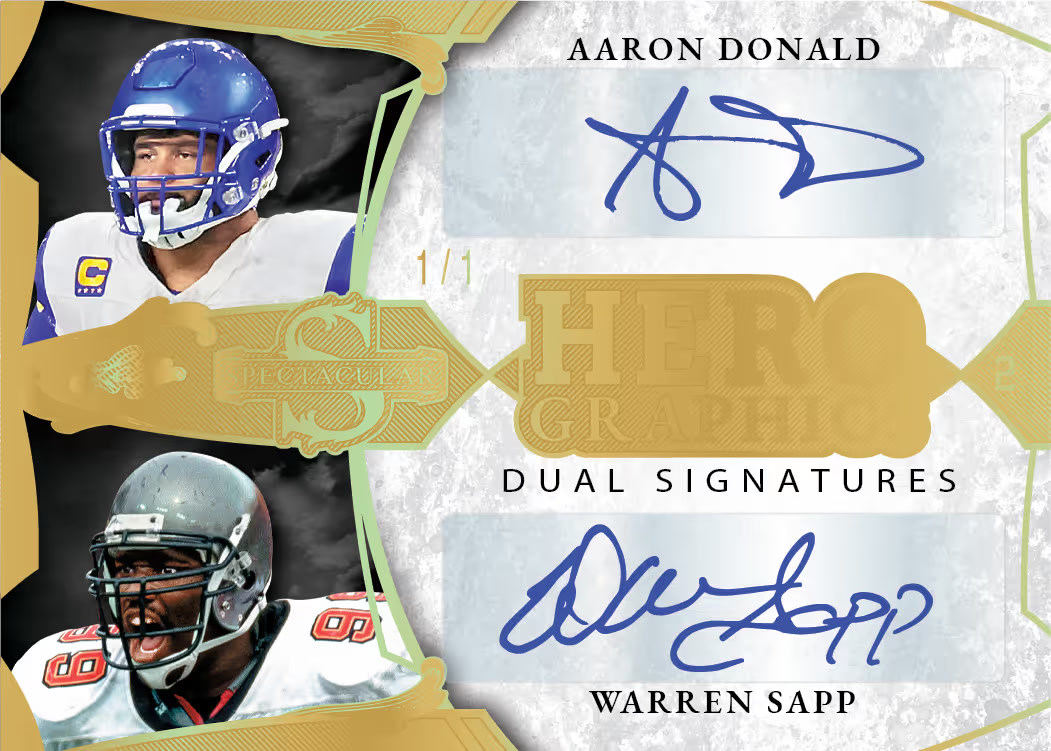5-Hero graphics dual trading card from 2026 Leaf Spectacular Football by Leaf