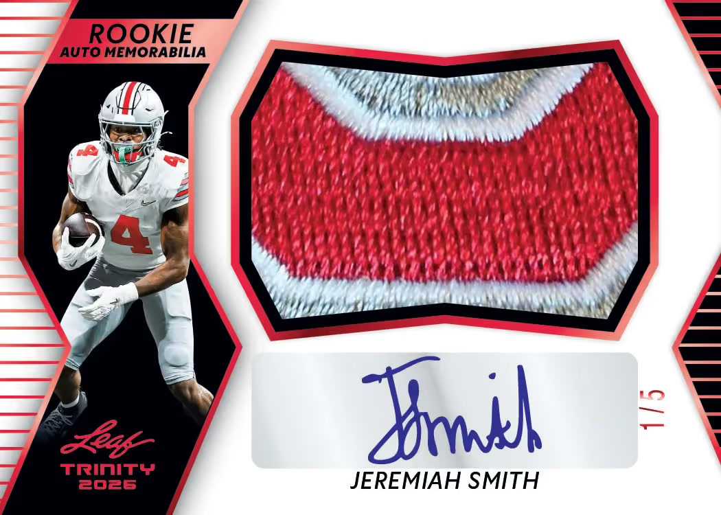Card trading card, Rookie Auto Memorabilia JS Sales parallel from 2026 Leaf Trinity Football by Leaf