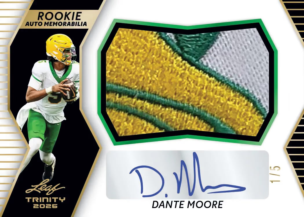 DM trading card, Rookie Auto Memorabilia parallel from 2026 Leaf Trinity Football by Leaf