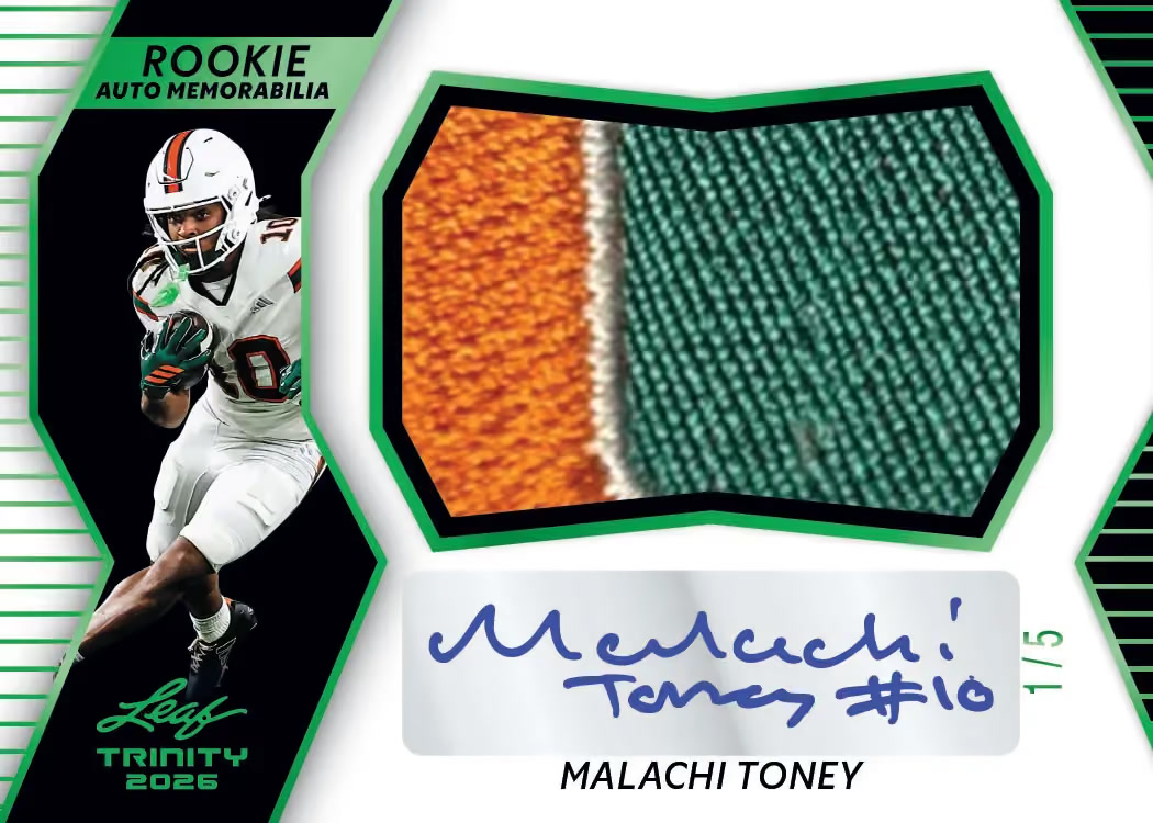 MT trading card, Rookie Auto Memorabilia parallel from 2026 Leaf Trinity Football by Leaf