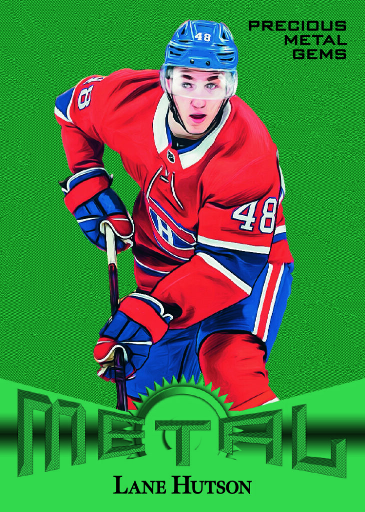 Hutson trading card, 2025 26 NHL Skybox MU F19 pg13 crd RT13 parallel from 2025-26 Skybox Metal Universe Hockey by Upper Deck