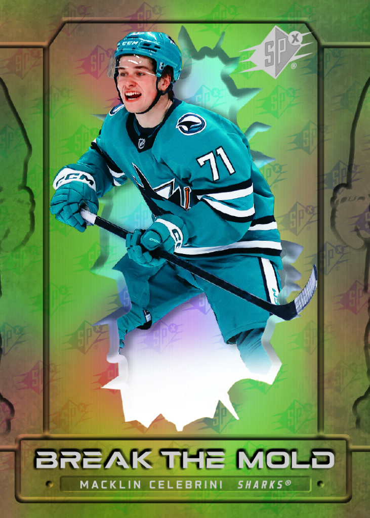 Celebrini trading card, 2025 26 NHL S Px F21 pg83 crd BM3 parallel from 2025-26 SPx by Upper Deck