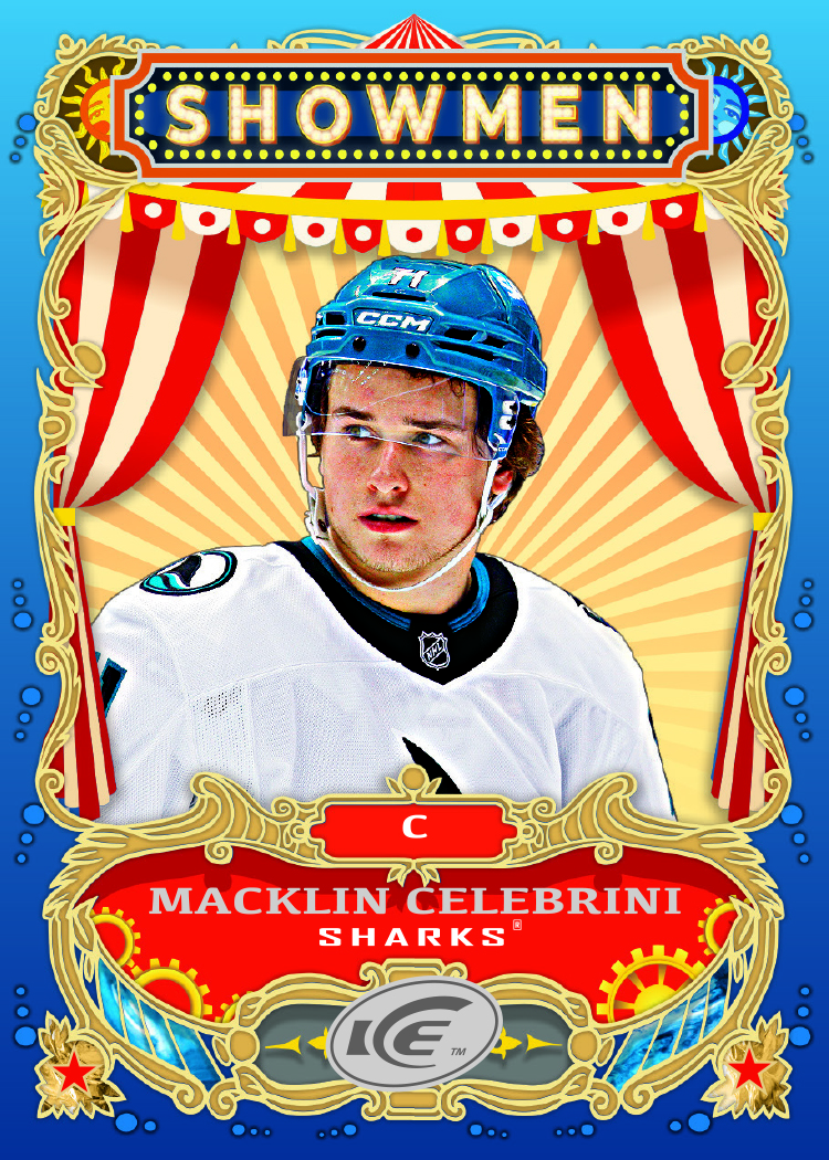 Celebrini trading card, 25 26 NHL ICE F18 p60 crd SM10 parallel from 2025-26 Upper Deck Ice Hockey by Upper Deck