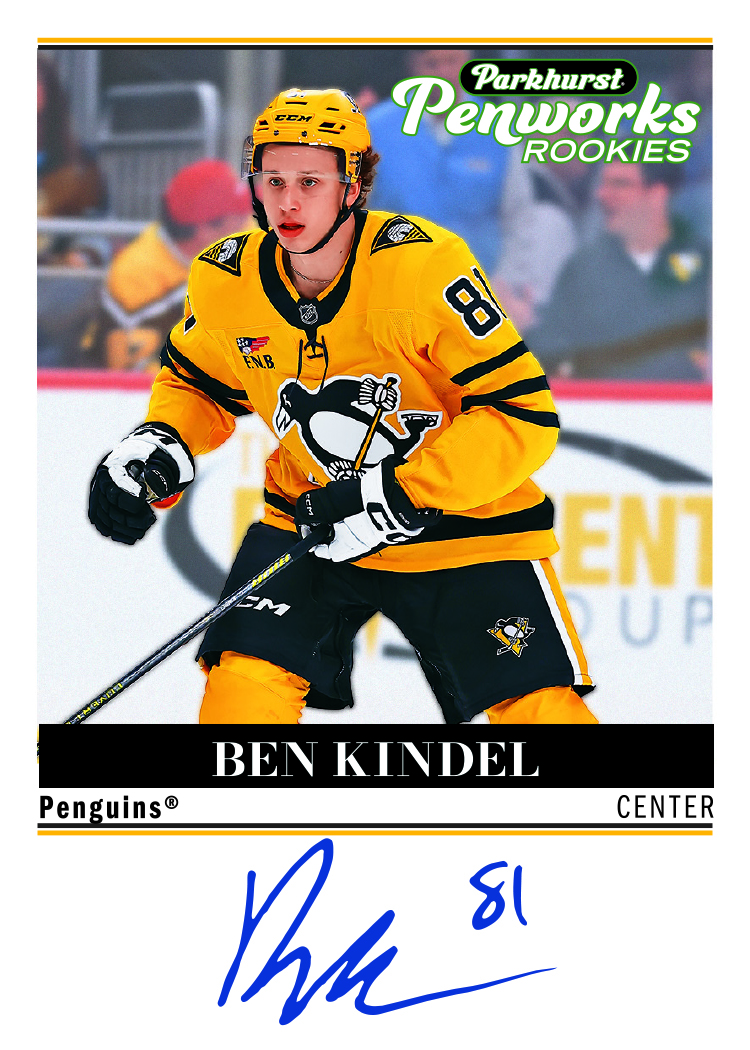 Kindel trading card, 25 26 Parkhurst Hockey F29 p53 crd PWRBK parallel from 2025-26 Parkhurst by Upper Deck