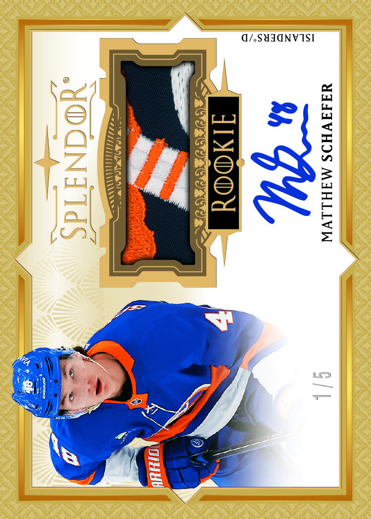 Schaefer-e1789148131107 trading card, 25 26 NHL Splendor F16 Pg1 Crd BLRSMS Gold parallel from 2025-26 Splendor by Upper Deck