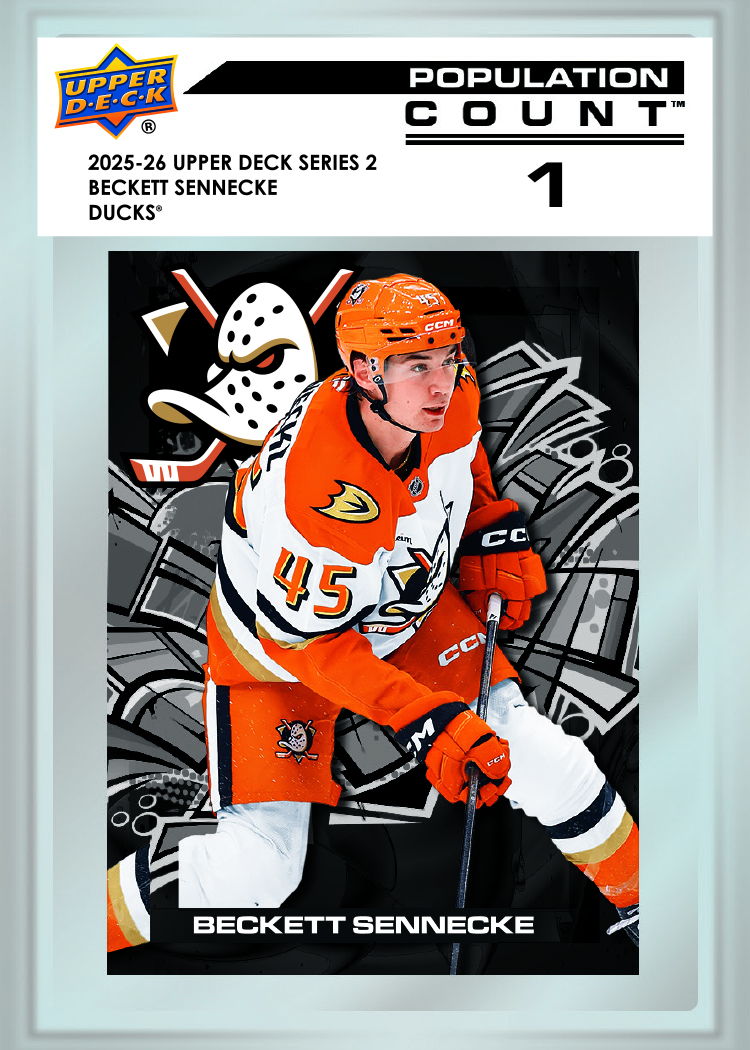 Sennecke trading card, 25 26 NHL UD2 F41 PG19 Crd PC49 parallel from 2025-26 Upper Deck Series 2 by Upper Deck