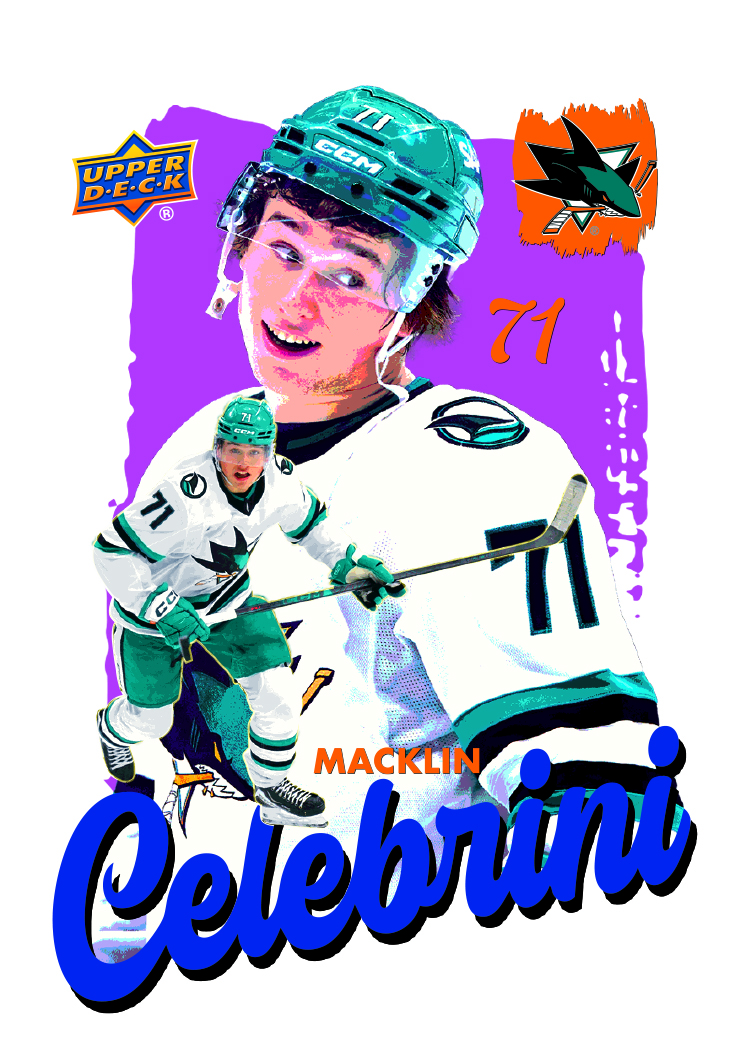 Celebrini trading card, 26 27 NHL UD1 F58 PG47 Crd BL15 parallel from 2026-27 Upper Deck Series 1 by Upper Deck