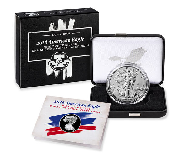American Eagle 2026 One Ounce Silver Enhanced Uncirculated Coin, struck at the West Point Mint, United States Mint product photograph
