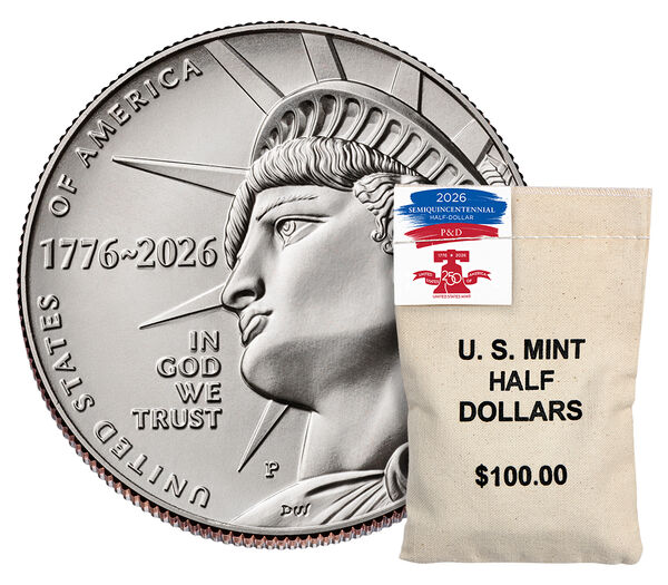 Semiquincentennial Half Dollar 2026 Rolls and Bags - Enduring Liberty, clad collector coin, circulating finish finish, struck at the Denver and Philadelphia Mints, United States Mint product photograph