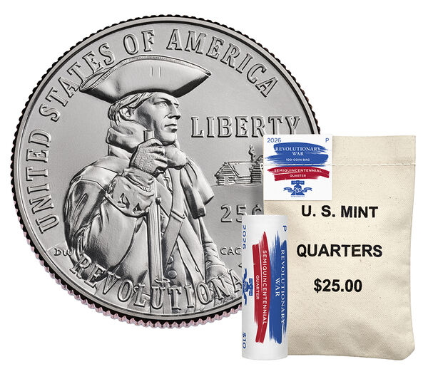 Semiquincentennial Quarters 2026 Rolls and Bags - Revolutionary War, clad collector coin, circulating finish finish, struck at the Denver and Philadelphia Mints, United States Mint product photograph