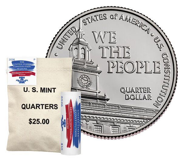 Semiquincentennial Quarters 2026 Rolls and Bags - U.S. Constitution, clad collector coin, circulating finish finish, struck at the Denver and Philadelphia Mints, United States Mint product photograph