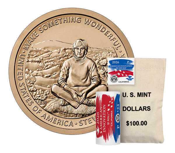 American Innovation $1 Coin 2026 Rolls and Bags - California, clad collector coin, circulating finish finish, struck at the Denver and Philadelphia Mints, United States Mint product photograph