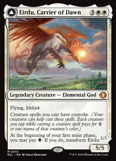 Eirdu, Carrier of Dawn // Isilu, Carrier of Twilight, a Mythic card from Magic: The Gathering: Lorwyn Eclipsed