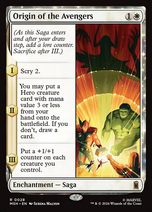 Origin of the Avengers, a Rare card from Magic: The Gathering: Marvel Super Heroes