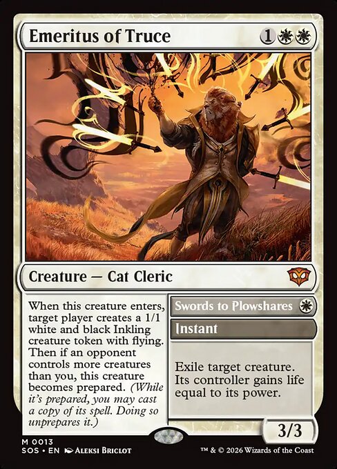 Emeritus of Truce // Swords to Plowshares, a Mythic card from Magic: The Gathering: Secrets of Strixhaven