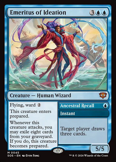 Emeritus of Ideation // Ancestral Recall, a Mythic card from Magic: The Gathering: Secrets of Strixhaven