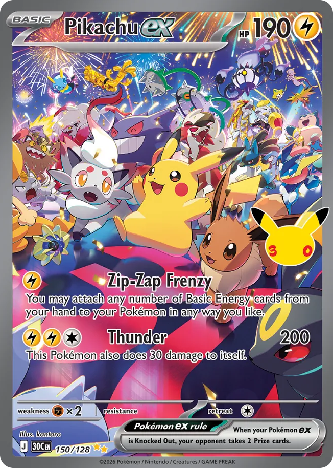 Pikachu ex, a card from Pokemon TCG: 30th Celebration